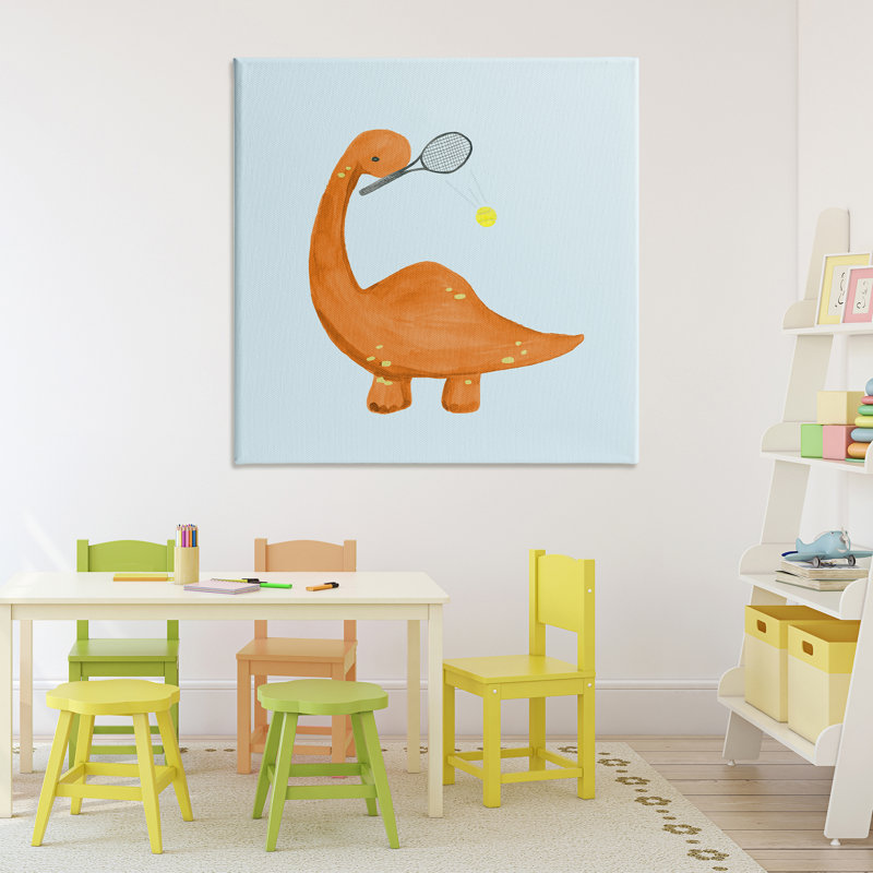 Baby Dino jouant au tennis sur toile, design par Lucille Price, H 36 po x l 36 po