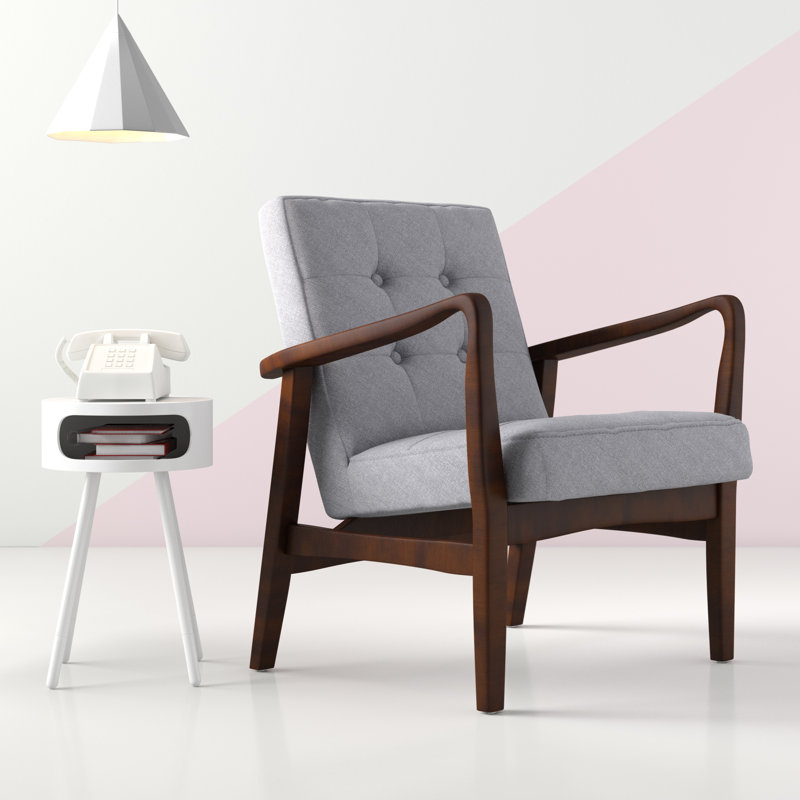 Babic 28.25" Wide Tufted Armchair, Gray Polyester Blend, Espresso Wood 1