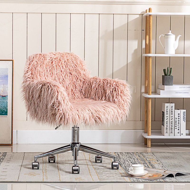 Chaise de bureau moderne en fausse fourrure, Rose