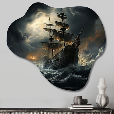 Pirate Ship At Stormy Seas - Asymmetrical Pirate Metal Wall Art, Cloud Metal Wall Sculpture Print