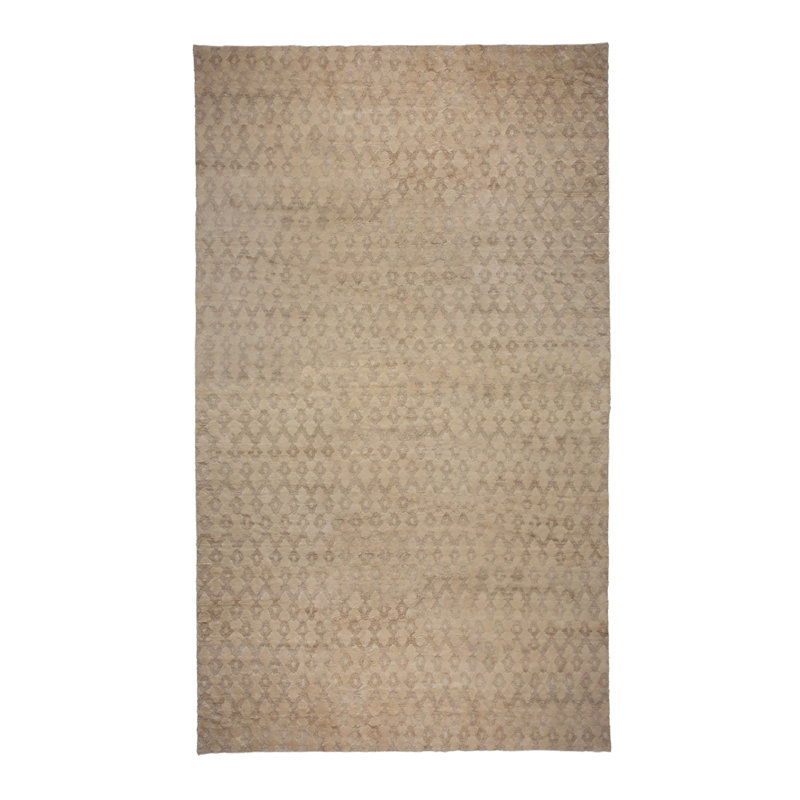 Beige Modern Tibetan Wool Silk Blend Rug - 14' x 25'