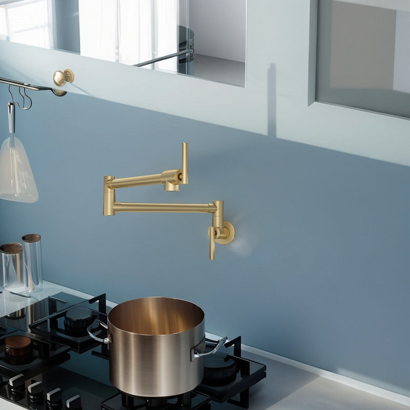 Pot Filler Faucet - Wall Mount Kitchen Sink Faucet Folding Stretchable With Single Hole Two Handles, Gold