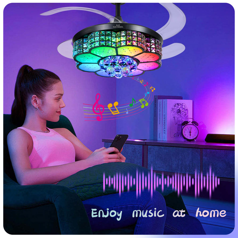 42-inch Retractable Room Decor Crystal Fan with Colorful Lighting, Built-in Speaker, Remote Control & App Control, 6-Speed Reversible Blades, 3-Color LED Dimmable Pendant Light Fan with Color Temperature Memory
