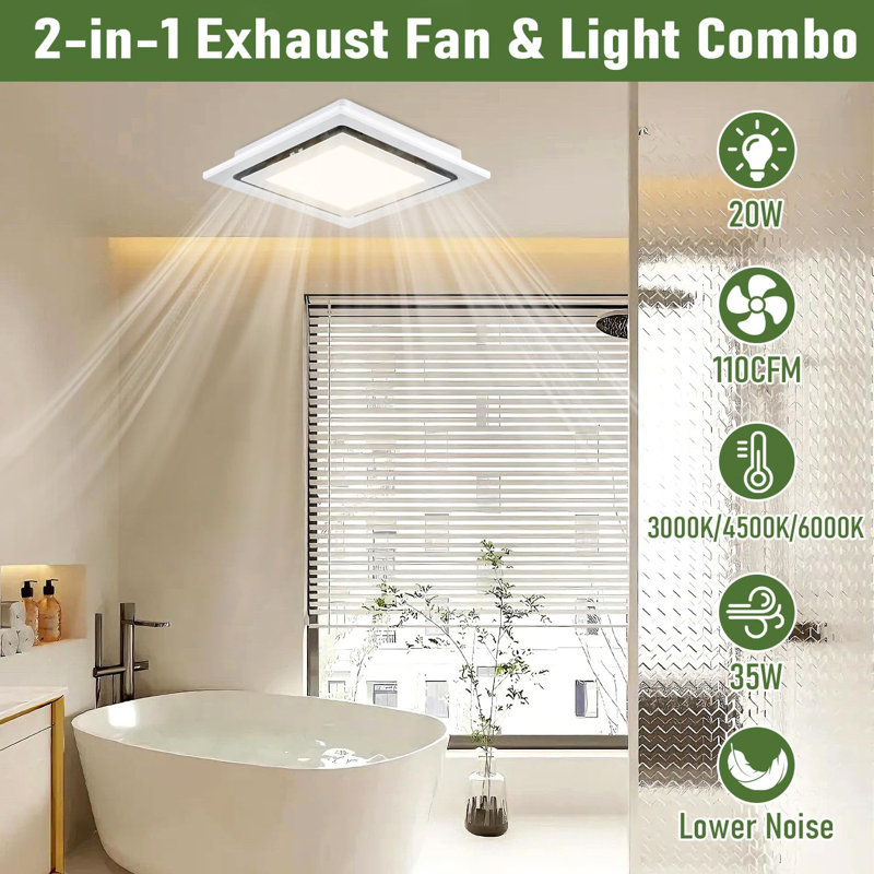 Ventilateur de salle de bain avec lumière, ventilateur de 110 pi³ / min avec lumière 3000K / 4500K / 6000K