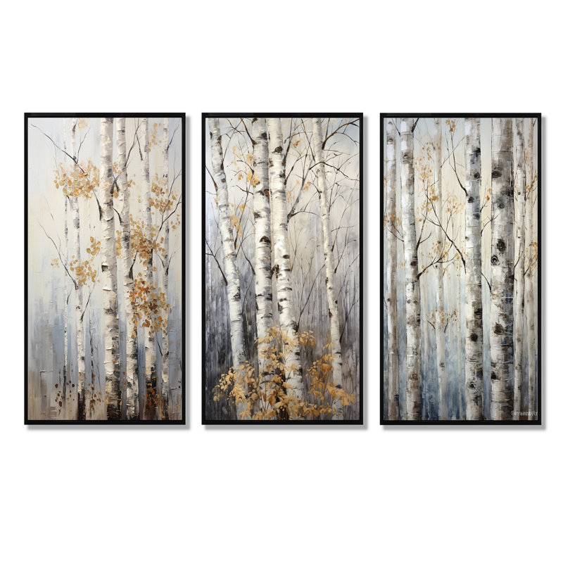 Silver Tree Birchs Breath - ensemble de salon art mural 3 bouleaux, H 40 po x l 60 po, Cadre flottant noir