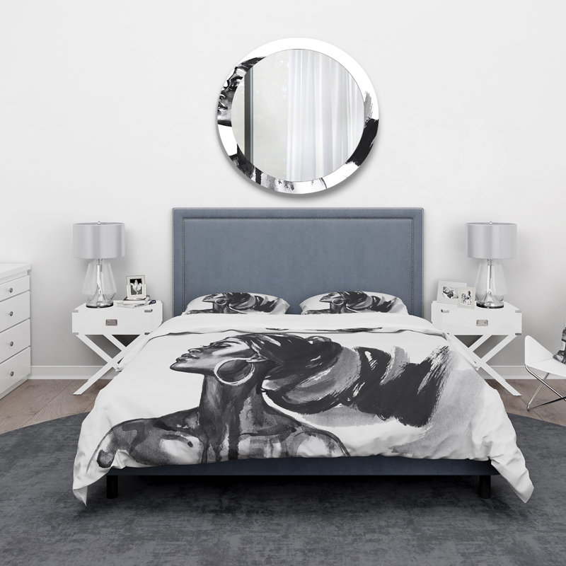 Portrait monochrome d'une femme afro-américaine IV - Ensemble de housse de couette moderne - Microfibre de polyester