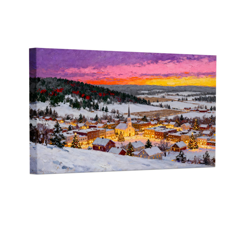 «Christmas Winter Village Sunset Snowy Landscape Church Lights», ensemble de 3 impressions d'art sur toile, H 20 po x l 30 po