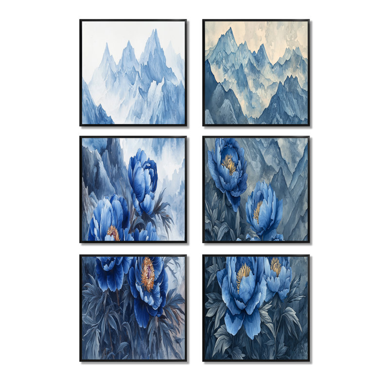 Pivoines dans les montagnes éloignées - ensemble de 6 impressions sur toile florales, Noir