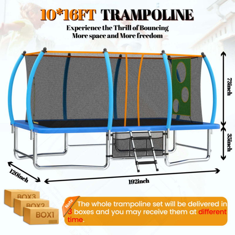 Long trampoline rectangulaire extérieur pour enfants adultes, Bleu