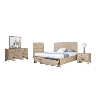 Ensemble de chambre à coucher grand, commode et table de chevet 5 pièces Rozie, brun chêne clair 