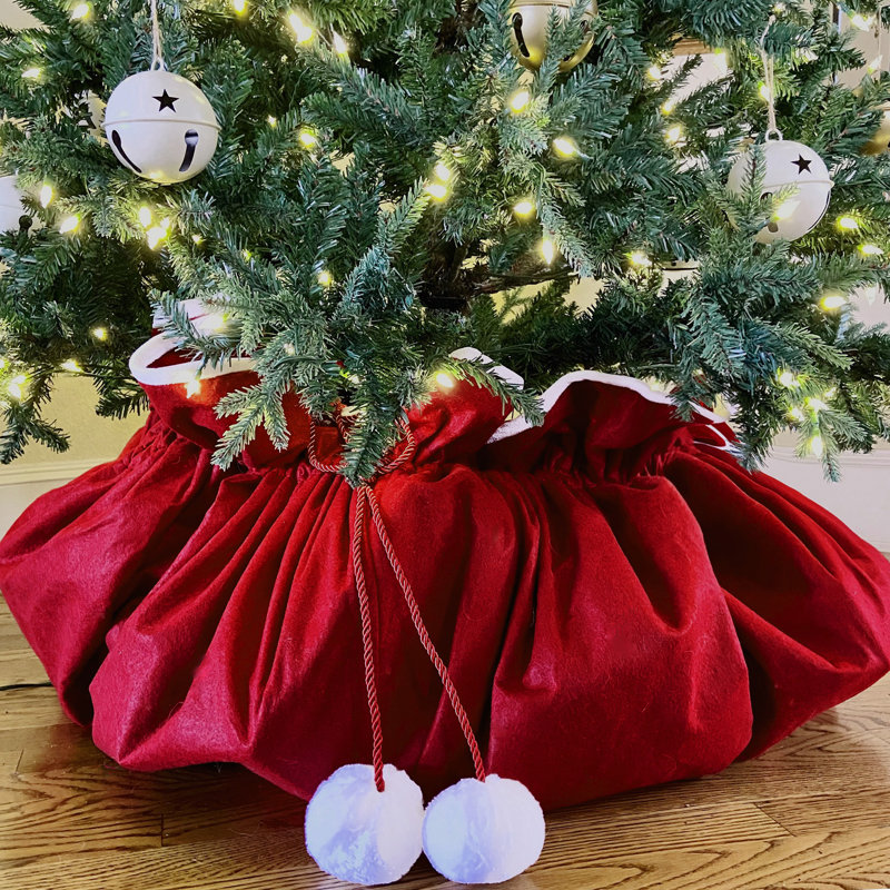 Extra Large Dark Red Velvet Convertible Tree Skirt with Pom Poms