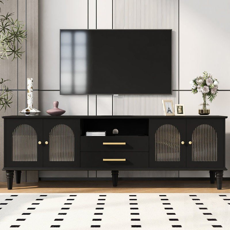 Meuble télé rétro, console multimédia avec portes en verre cannelé et cinq pieds en bois massif pour le salon