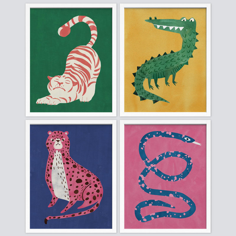 Chat rouge, crocodile vert, léopard rose, serpent bleu, impression sur papier, 4 pièces, H 10 po x l 8 po, Blanc