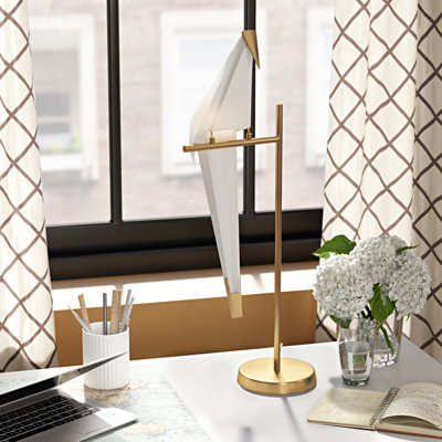 Lampe de table 1 lumière DEL dorée avec un oiseau en plastique blanc