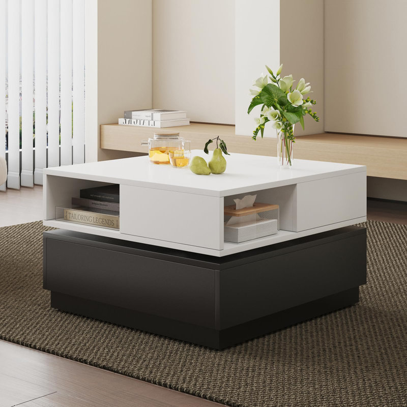 Table basse carrée rotative à 360 ° avec 2 niveaux et 4 tiroirs, table basse blanche noire avec grand rangement pour le salon