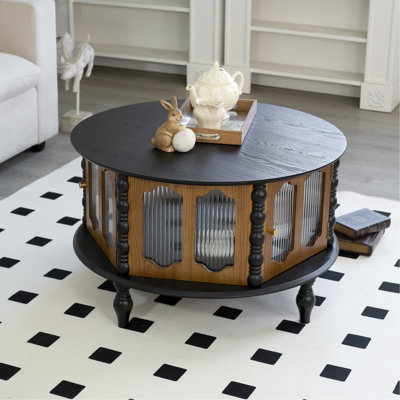 Table basse ronde de 80 cm (31,5 pouces) en placage de bois véritable avec trois portes de rangement, idéale pour les petits appartements et les espaces multifonctionnels, design élégant