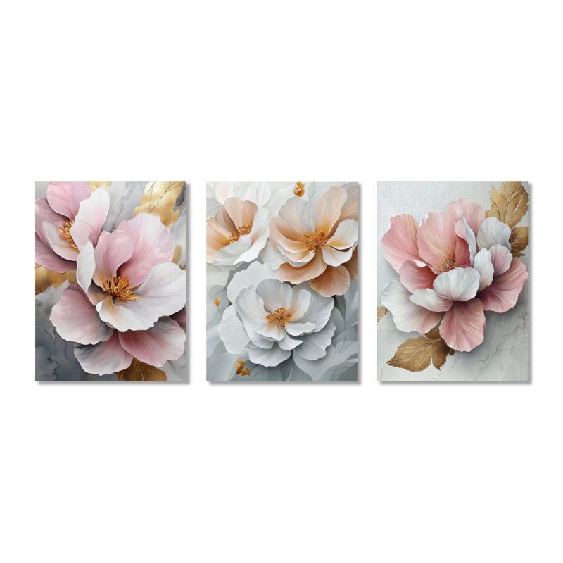 Blanc et rose, pivoines élégantes I - Floral, impression murale 3 pièces, H 32 po x l 72 po