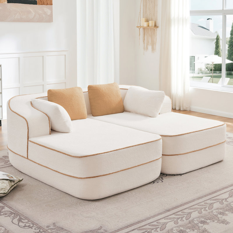 Canapé-lit en velours 77,2 po, méridiennes doubles, blanc, sans assemblage, mousse haute densité 32D, dossier incurvé ergonomique, base antidérapante, pour salon méditerranéen, accoudoirs sans os, structure.