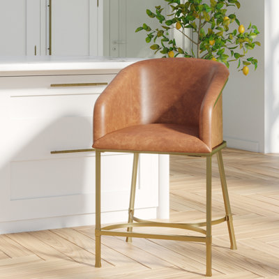 Tabouret de comptoir de 26 po de hauteur, similicuir brun tabac, structure dorée, dossier confortable, glissières de comptoir de bar réglables pour îlot de cuisine, table haute