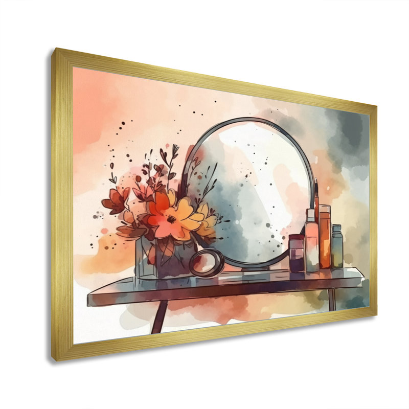 Meuble-lavabo floral sur toile, H 34 po x l 44 po x P 1,5 po, Encadrement doré