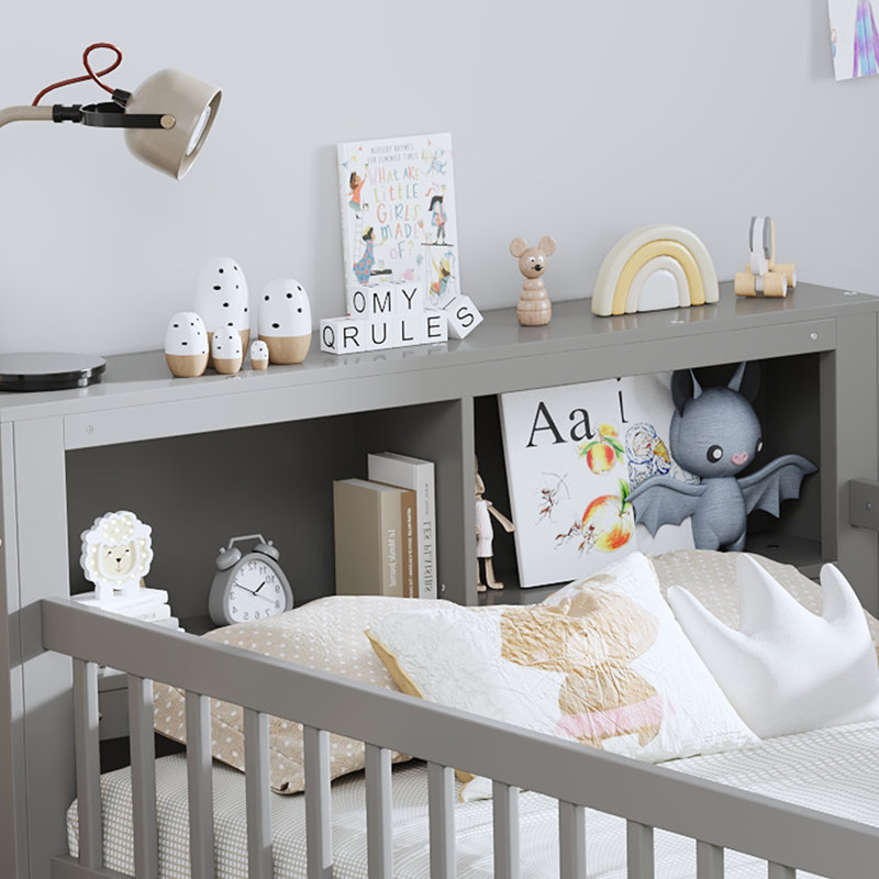 Lit simple avec support de tête de lit, deux tiroirs sous le lit, garde-corps à trois côtés pour plus de sécurité, gris