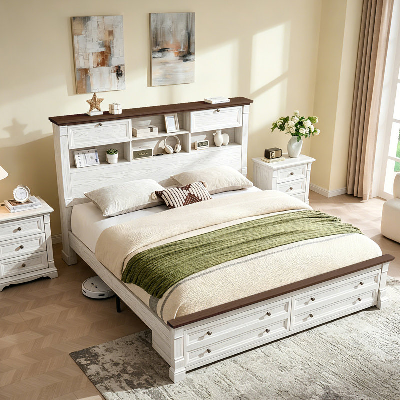 Farmhouse Storage King Bed Frame with 2 Underbed Drawers, Storage Headboard with 2 Bedside Drawers & Open Bookcase Shelves, Charging Station Included