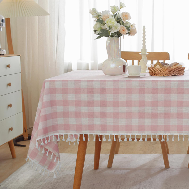 Table Cloth Rectangle Cotton Linen Fabric Gingham Tablecloth With Tassel Washable Wrinkle Free Buffalo Plaid Table Cover For Spring Picnic Kitchen Dining, 55''
