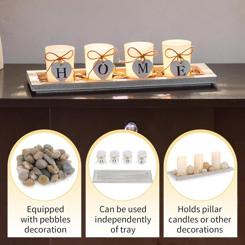 Plateau rustique en bois avec 4 porte-bougies chauffe-plat en verre
