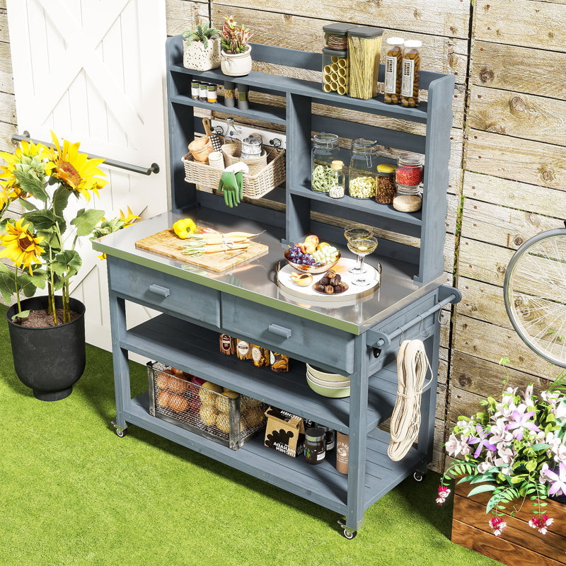 Table de rempotage d'extérieur avec huche supérieure, plateau en acier inoxydable et roulettes verrouillables, Bleu gris