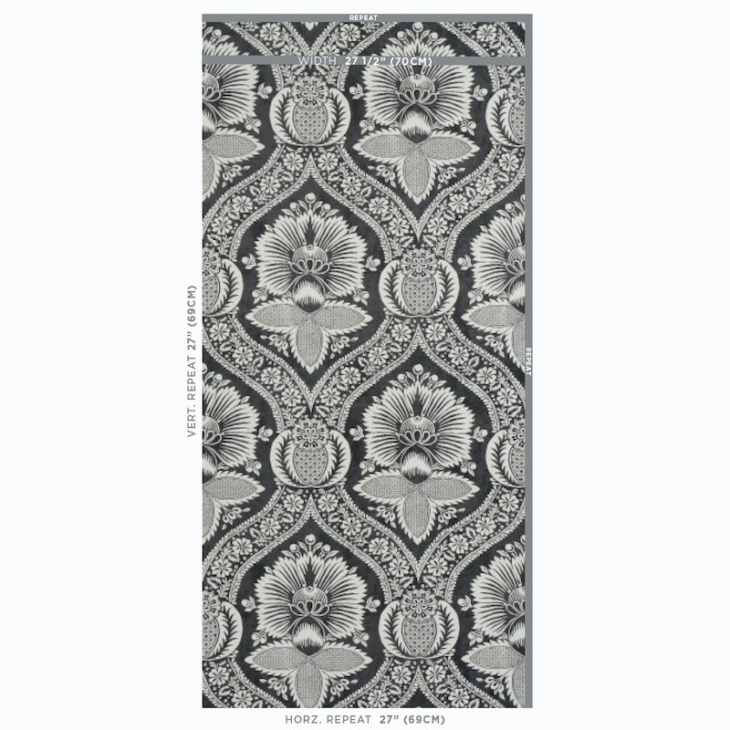 Villandry Damask Print Wallpaper, Black