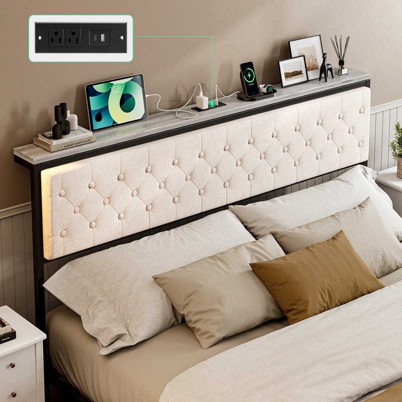 Headboard With Storage And Charging Station, Upholstered Storage Headboard Only With Bed Frame Brackets Adapter, Button Tufted Design, Easy Assembly