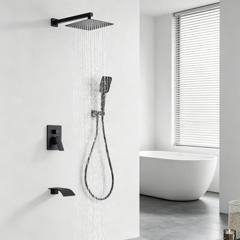 Système de douche carrée 10 pouces avec douche à main à 3 fonctions et douchette cascade 4,72 po, Noir mat