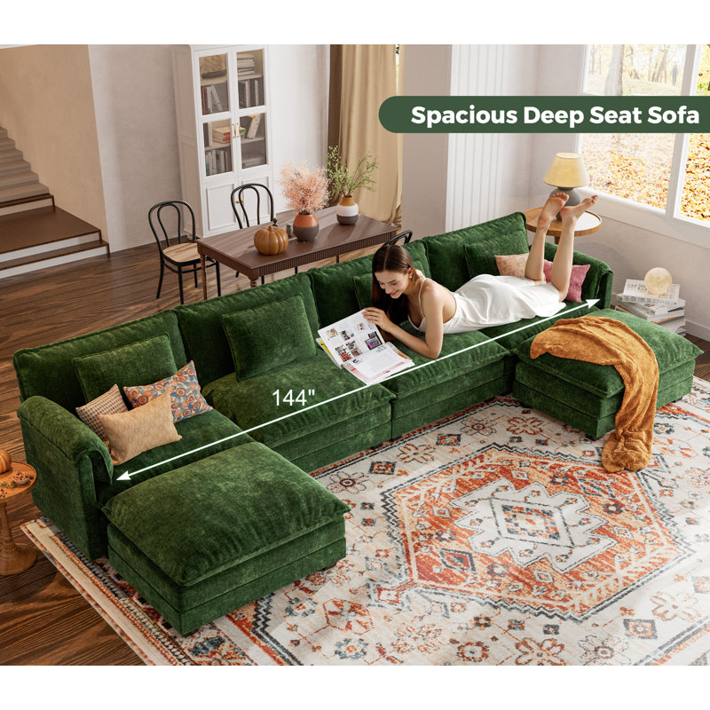 Latitude Run® Amabilia 6-Piece 150'' U-Shaped Comfy Cloud Modular Sectional Sofa With Removable Ottomans-Chenille Fabric & Reviews