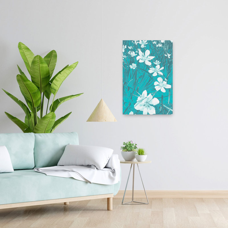 Art contemporain iris blanc bleu sarcelle, H 24 po x l 16 po