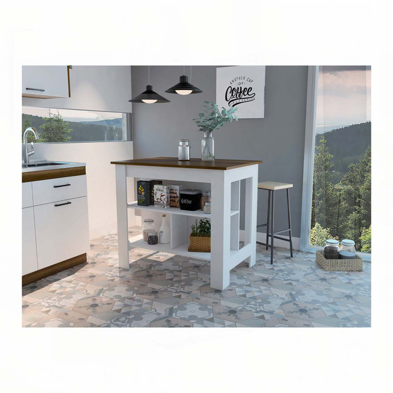 Îlot de cuisine à 3 tablettes Rockaway , Blanc, Noyer