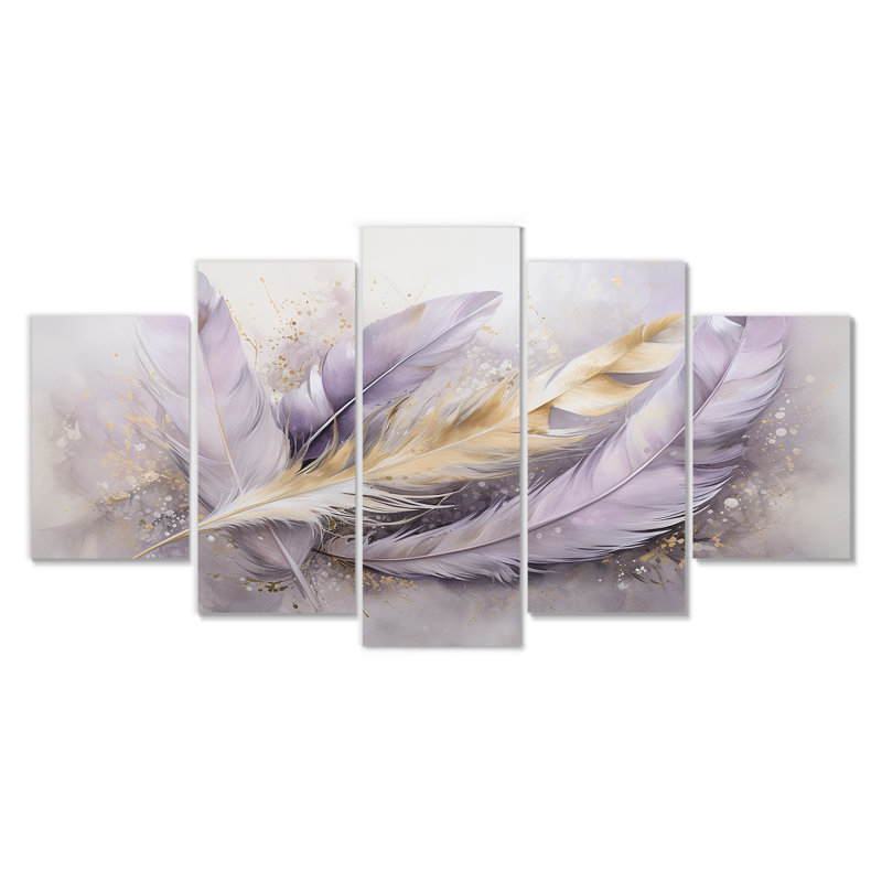 Tavery - Art mural plume boho pour le salon, 5 pièces, H 32 po x l 60 po