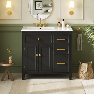 Koda 36" Wide Modern Bathroom Vanity with Ceramic Sink Top, Soft-Close Drawers & Adjustable Shelf for Spa Bathroom