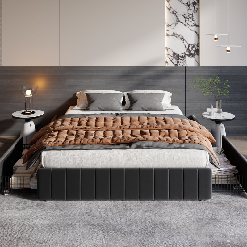 Modern Channel‑Tufted Upholstered Platform Storage Bed With 4 Locking Drawers, Black, Queen