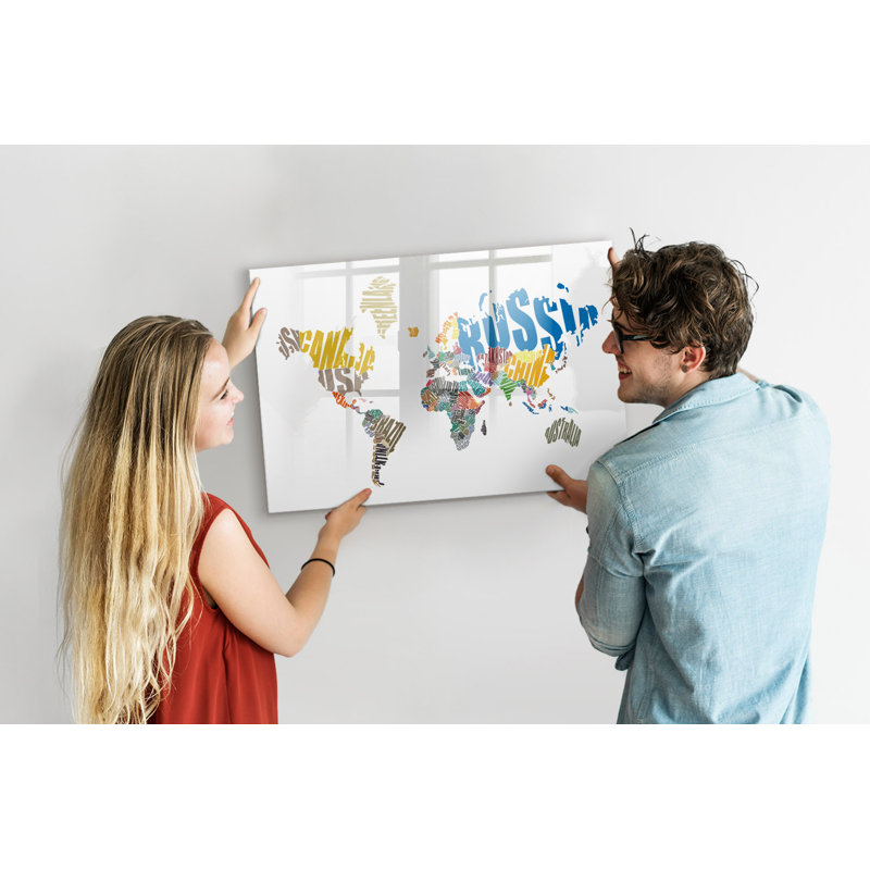 Magnetic Memo Board Whiteboard - 90 x 60 cm - With Marker and Magnets - Textual map of the world, 60cm H x 90cm W x 2cm D