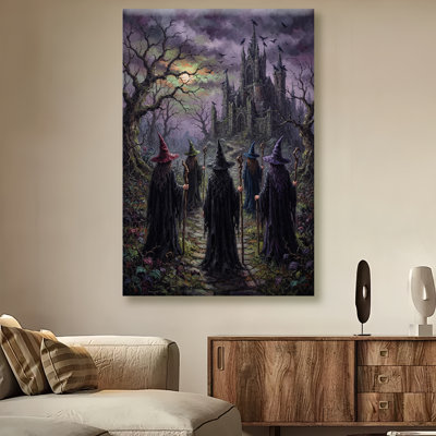 Reproduction d'art d'Halloween rétro sur toile rétro, sorcière et château, toile rétro, scène gothique rétro, œuvre d'art, peinture pour salon, bureau à domicile