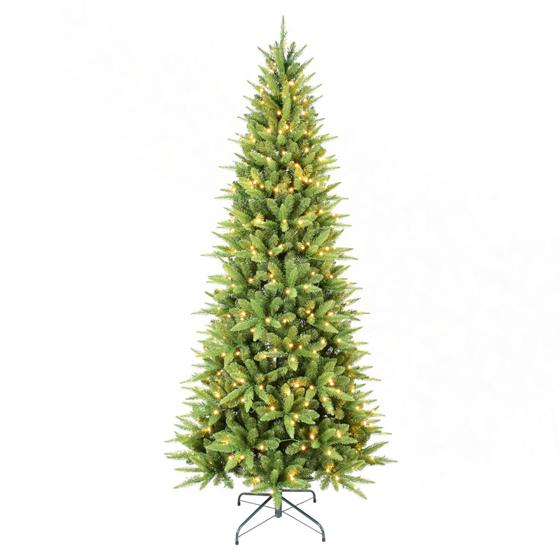 Arbre de Noël mince de 9 pi avec 650 lumières DEL blanc chaud - 2152 pointes en PE + PVC, conception à charnières peu encombrante, installation facile, support en métal robuste - arbre à crayons réaliste pour les petits espaces