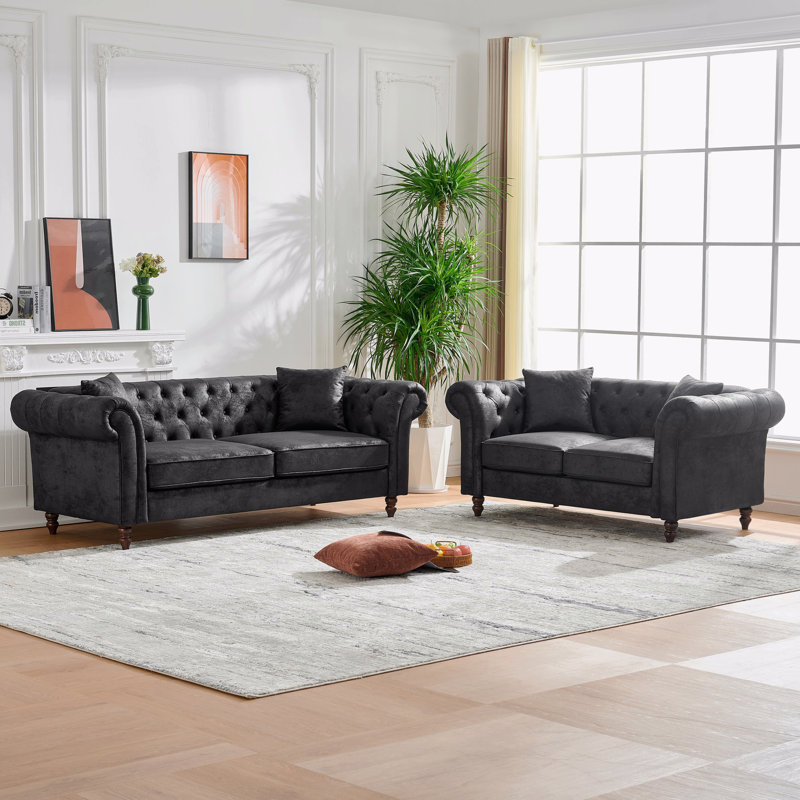Ensemble de canapés 3 + 2 places Chesterfield FabricTech: canapé en tissu, accoudoirs roulés en tissu High-Tech, canapé rembourré de style Mid-Century, canapé 3 places + 2 sièges Combo