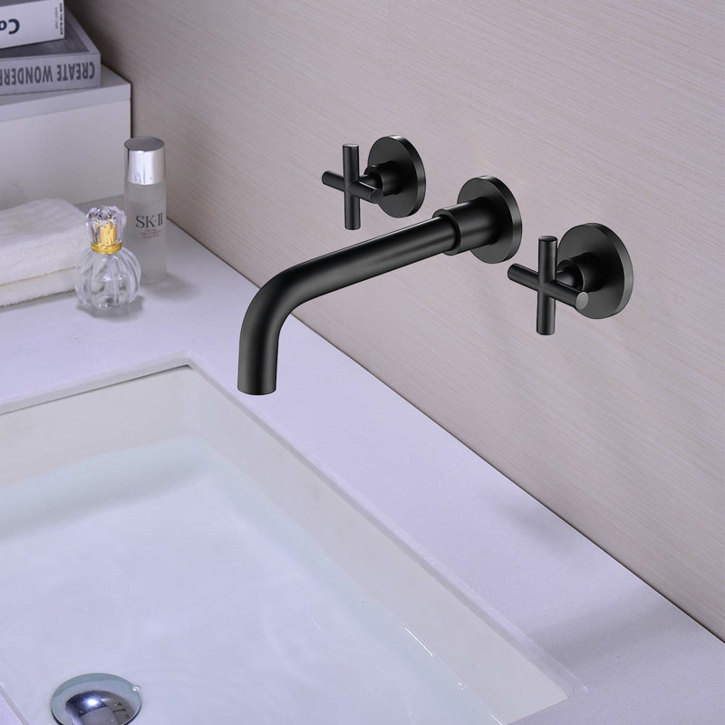 Robinet de salle de bain mural avec bonde, Avec ensemble de drain, Noir mat