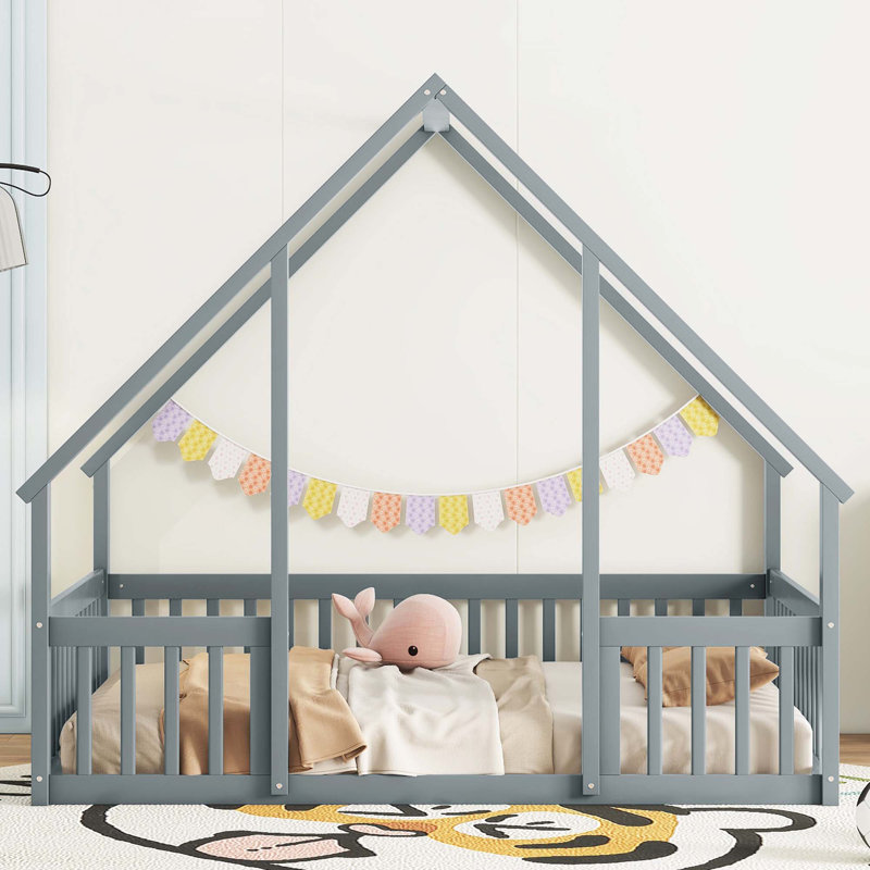 House-Shaped Floor Bed With Fence, Guardrails, Gray, Full/Double