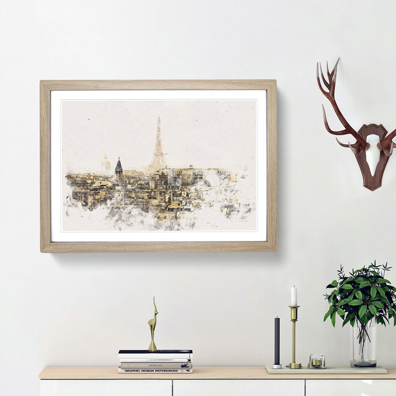 Misty Eiffel Tower in Paris France - Picture Frame Graphic Art Print, 33cm H x 45cm W x 2cm D, Oak Framed