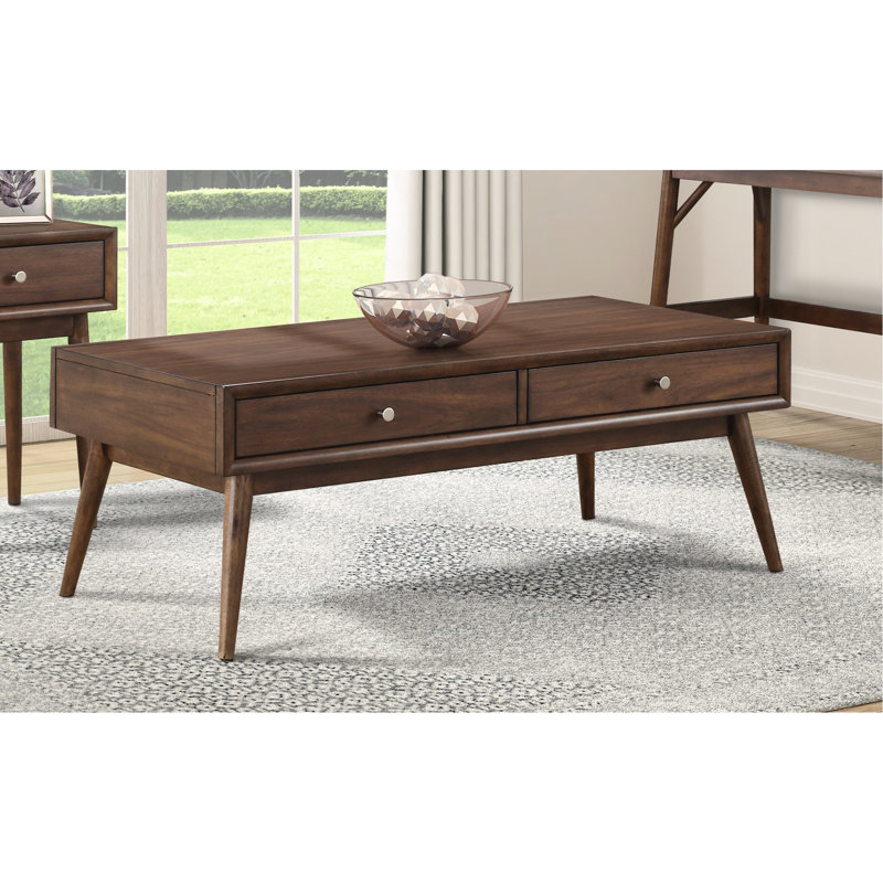 Table basse de salon 2, finition brune, mobilier rétro moderne, placage de noyer, 2 tiroirs,