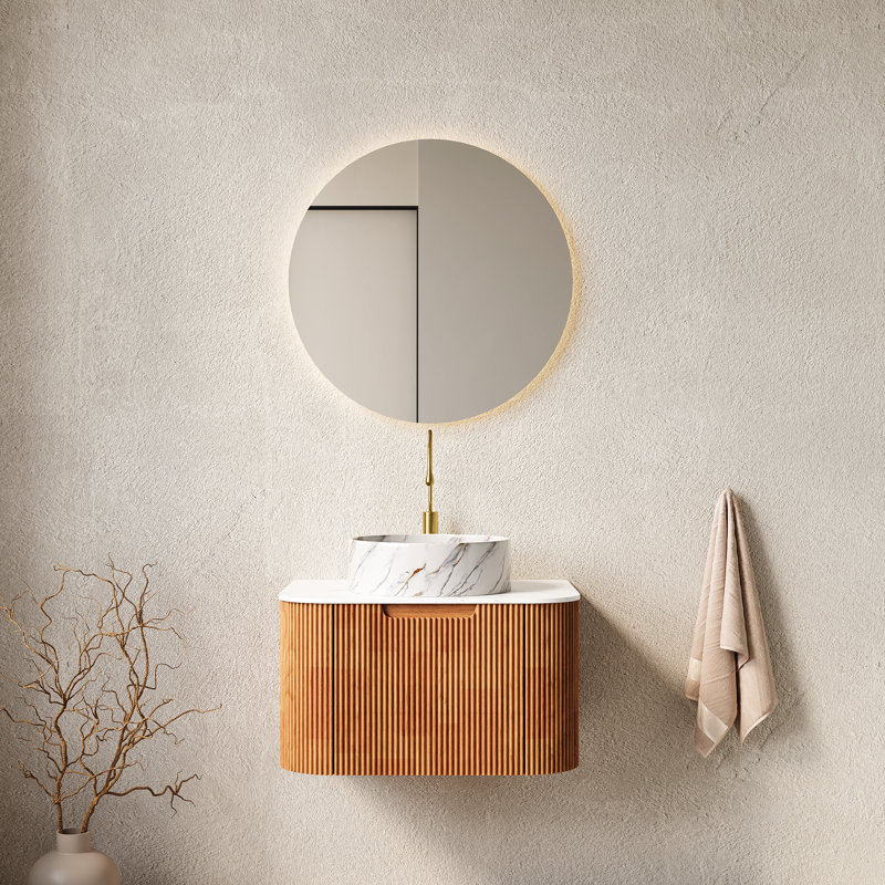 Meuble-lavabo de 24 po: unité pré-assemblée avec marbre artificiel blanc, lavabo rond en céramique et meuble-lavabo à tiroir à fermeture en douceur: armoire à rayures en grain de bois naturel 3D, comptoir en pierre frittée