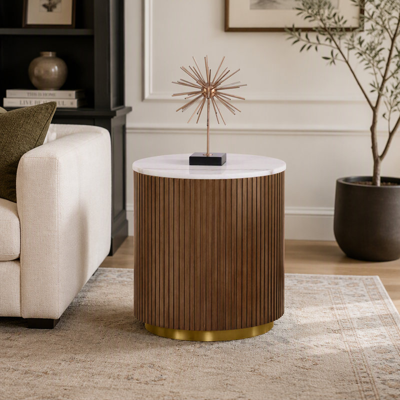 Honey Brown and White Marble Top Round End Table with Reeded Drum Base