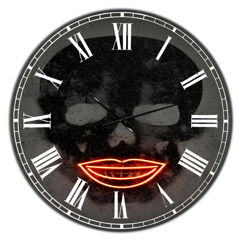 Souriant, crâne de néon et lèvres rouges - grande horloge murale moderne, Moyen