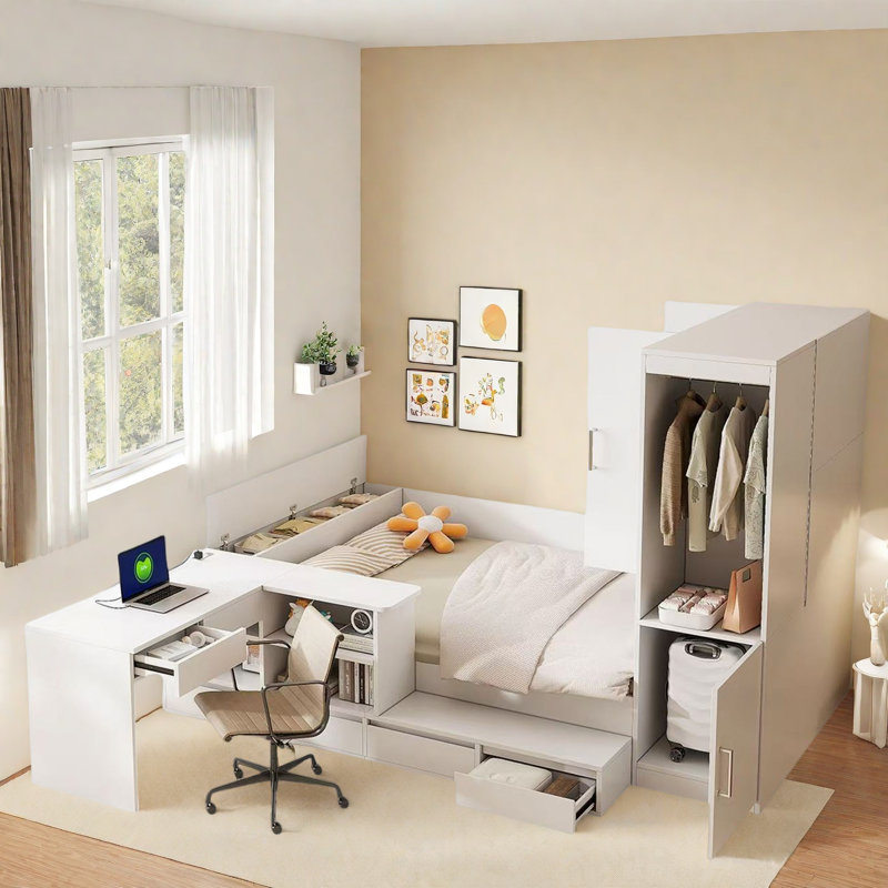 Lit plateforme en bois avec 6 tiroirs, tablettes, bureau et garde-robe, Blanc